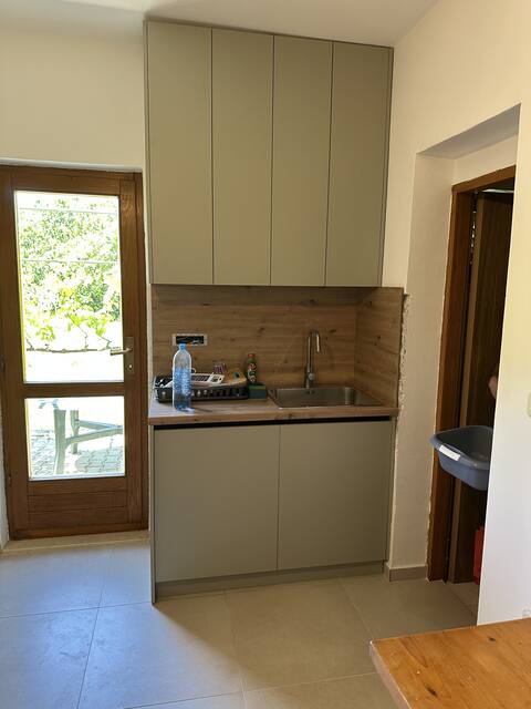 Kitchen with the door to the outside