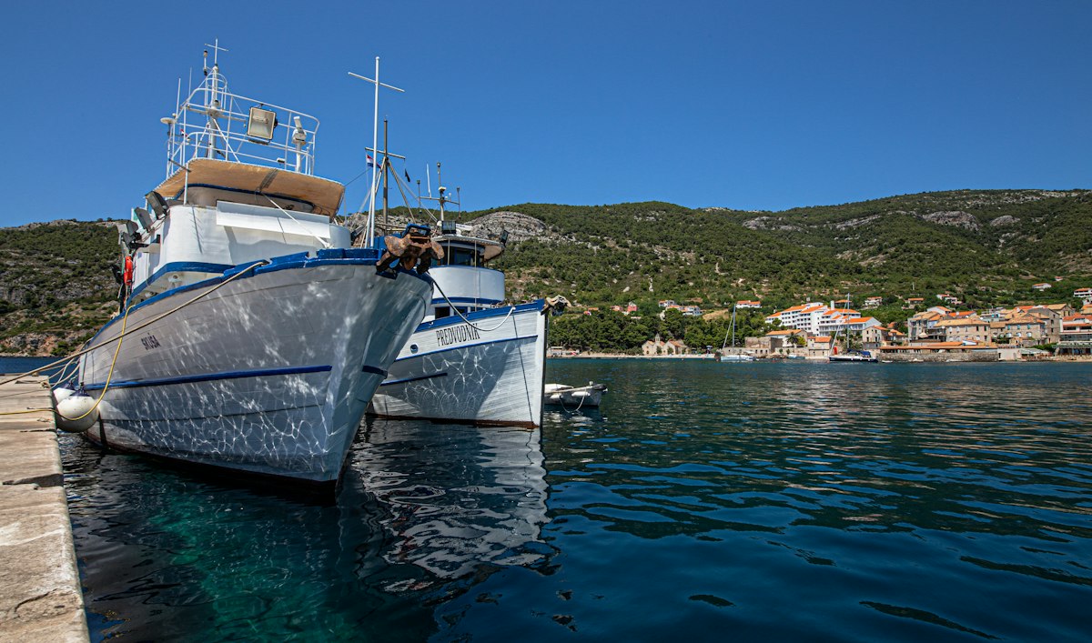 Excursion boats moored in clear water